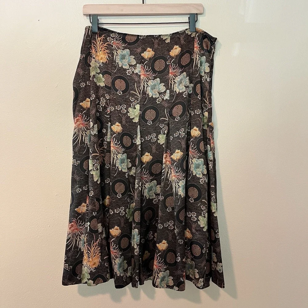 ballinger gold 100 Silk Skirt A Line Full Retro Asian Midi M Floral 90s Y2K Twee